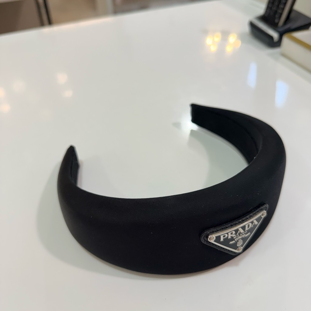 Prada Black Padded Logo Headband with Silver Plaque